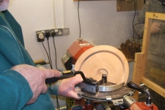 This is David Hay using the bowl saver tool on the first of 2 cuts he would do with the tool. the wood David used was a highly spalted piece of Beech.