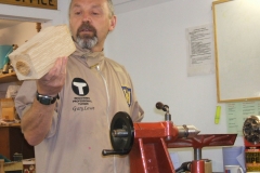 Here is Gary showing the crowd the piece he is going to work on, He is going to make a variation of a spinning top.