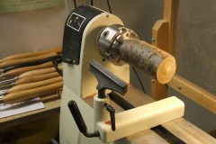 David Hutcheson's blank on the lathe ready to start, David was using a piece of Cherry.