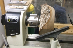 Johm Ruickbie's blank mounted on the lathe ready to start, John was using a piece of Elm.