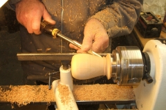 Here Douglas is making a Pear from a piece of Cherry wood using a spindle gouge.