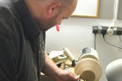 One of our members. Richard Comfort trying a tool he just sharpened, not the size of the wood blank now, it was well used.